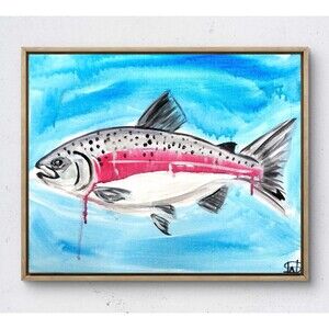 WS original silver salmon painting 14X11 canvas acrylic abstract modern wall art